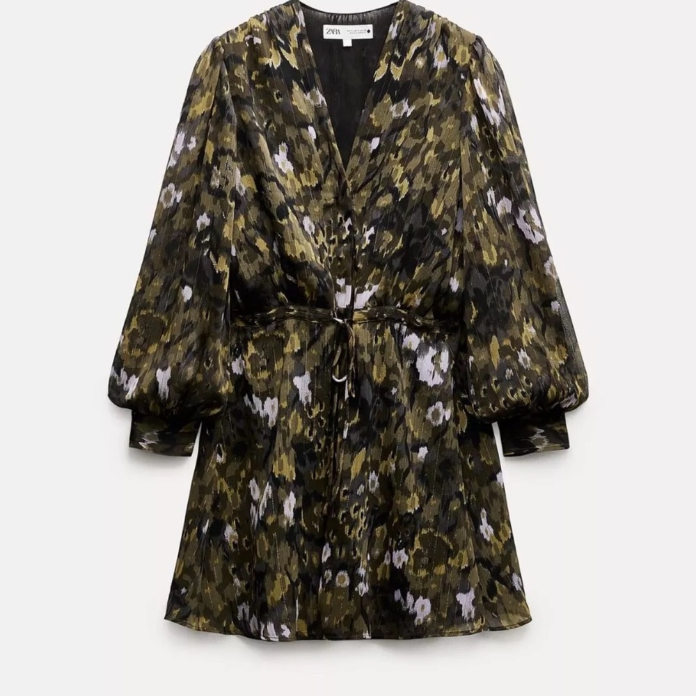 Zara Green A-line Dress with Bishop Sleeves and V-neck